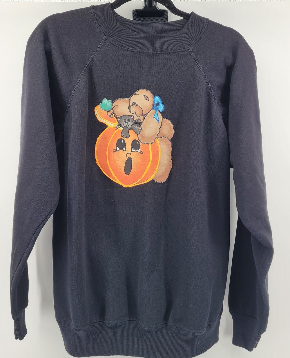 Vtg Jack-O-Lanterns Cat AOP Black Crewneck Sweatshirt Hanes Her Way 90s Sz L
